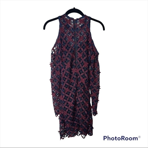 SELF-PORTRAIT Red Blue Guipure Lace Cold Shoulder Mini Dress Size 0 - Picture 12 of 14